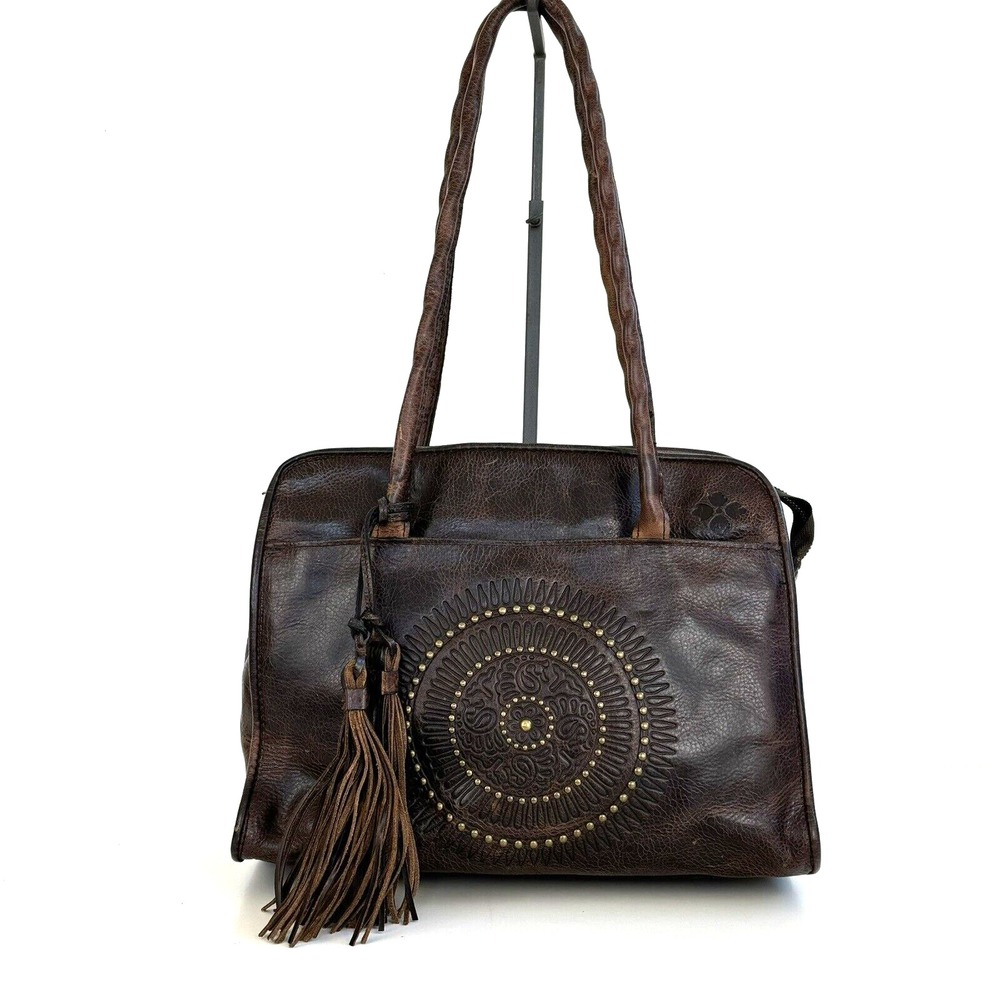 PATRICIA NASH Paris Tooled Leather Tassel Studded Satchel Bag Brown Boho Artisan - Picture 2 of 16